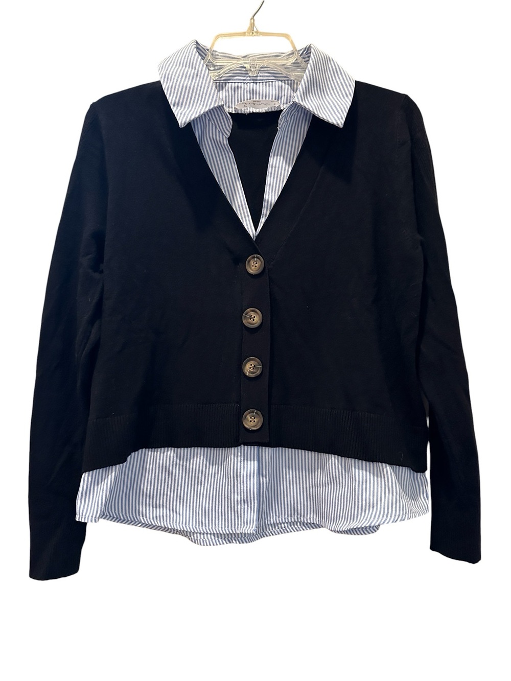Sioni Milano Women's Mock 2-Piece Collared Layered Cardigan Black/Blue Striped M - Picture 2 of 7